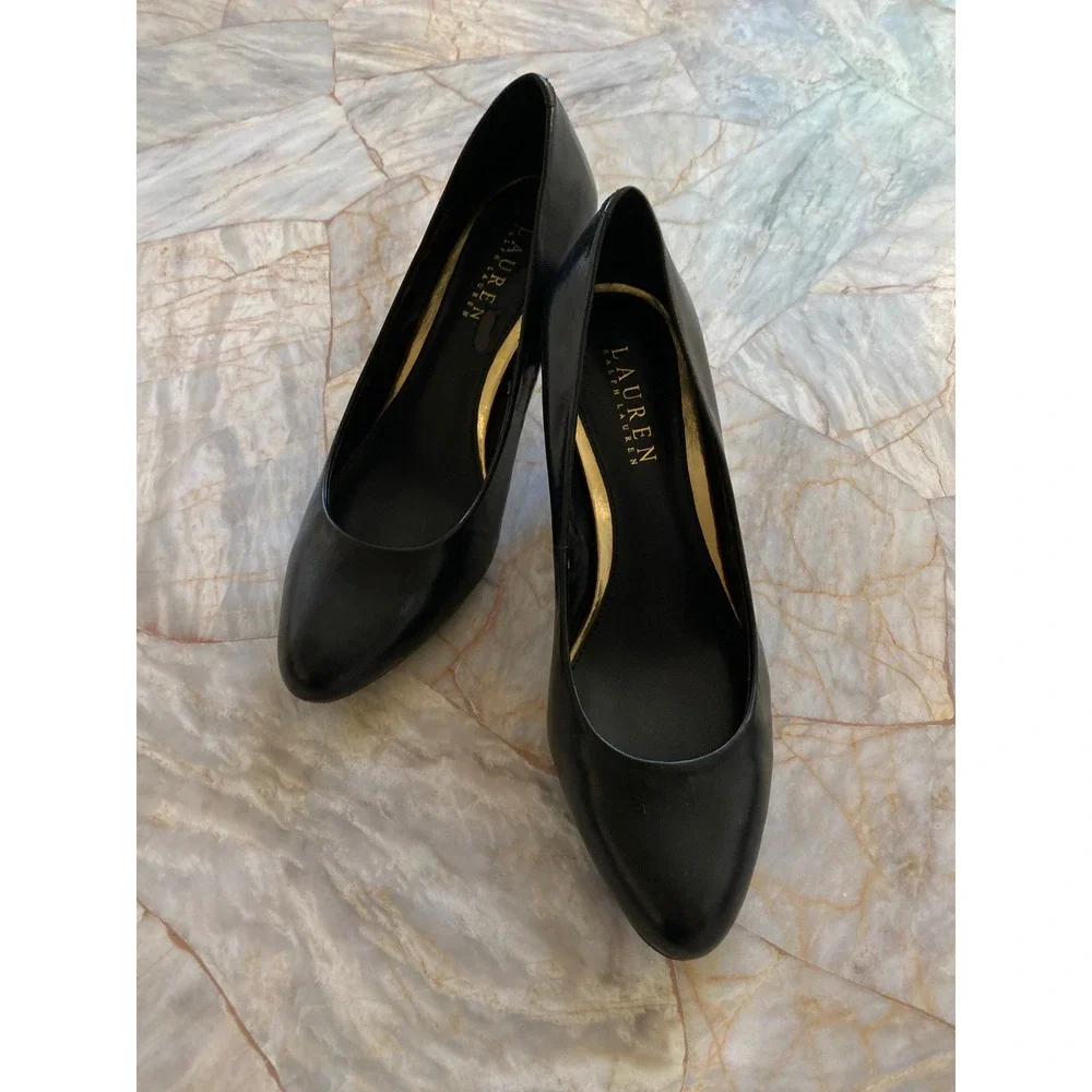 Lauren Ralph Lauren Harper Black Leather Round Toe Stiletto Pumps 7B 11739 E 14
